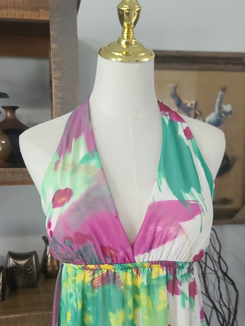 M USA Halter Maxi Dress in Mint & Pink Watercolor Print - Picture 2 of 5